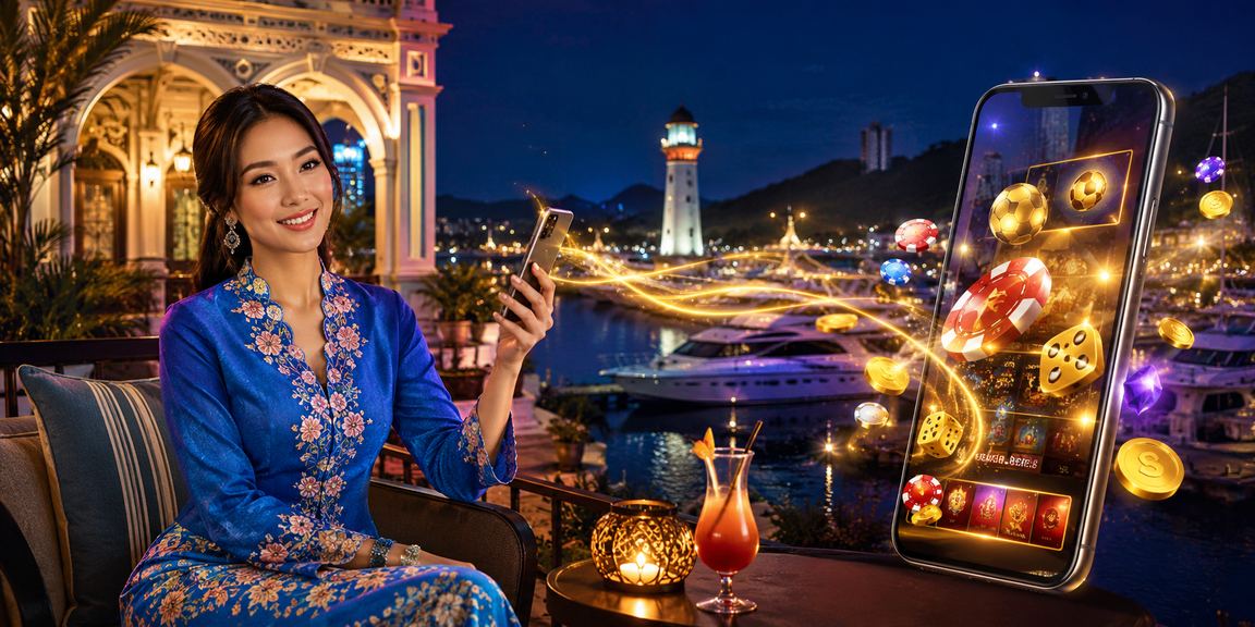 Pemain wanita berbaju kurung menggunakan kasino mudah alih di Langkawi dengan antara muka 925 yang mesra pengguna